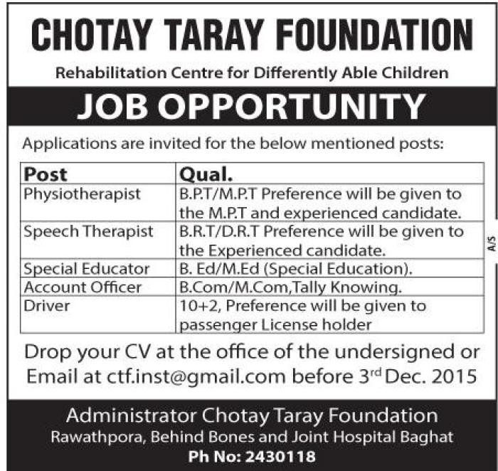 Job Opportunity at ‘Chotay Taray Foundation’