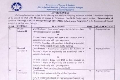 SKIMS Srinagar Recruitment 2025: Apply for Project Scientist, Research Associate, Lab Technician & Assistant Posts
